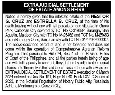Extrajudicial Settlement of Estate Among Heirs - Cruz